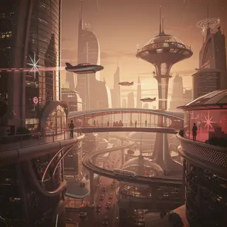 A cityscape rendered in nostalgic futurism — retro-futuristi