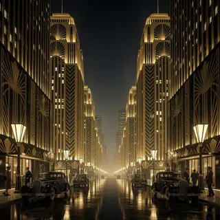 A city street scene in the style of Art Deco — geometric sha