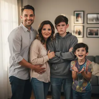 A family photo with four people: a father beaming with pride