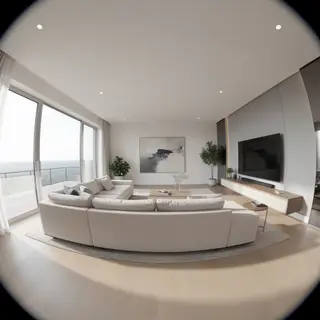A wide-angle shot of a modern living room interior showing e