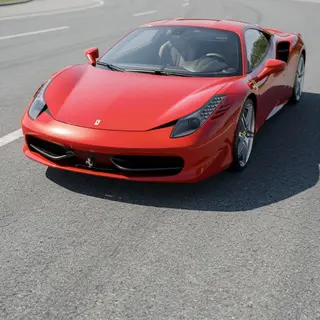 A bright red sports car parked on a gray asphalt road — the 