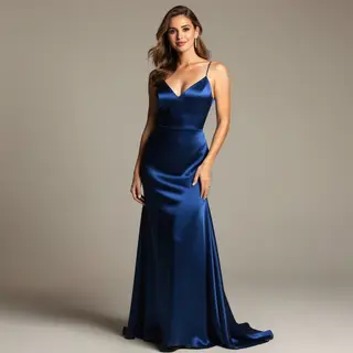 A woman wearing a royal blue evening dress against a neutral