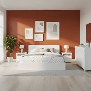 A bedroom wall painted in #FF6B35 (burnt orange) with white 