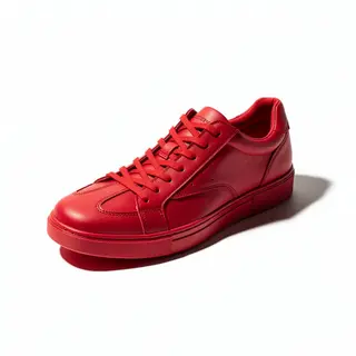 A single red sneaker on a clean white background with soft s