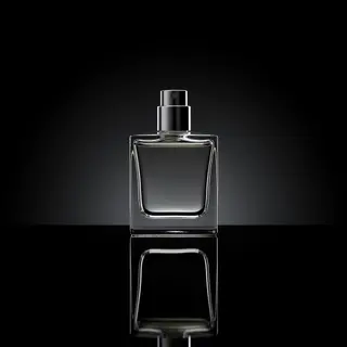 A clear glass perfume bottle on a reflective black surface w