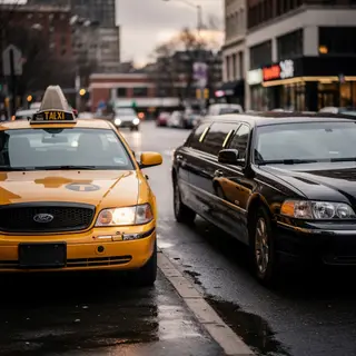A yellow taxi and a black limousine parked next to each othe