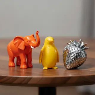 An orange elephant, a yellow penguin, and a silver strawberr