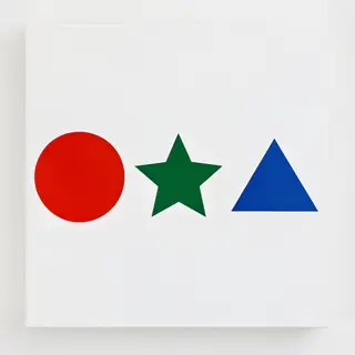 A large red circle, a small blue triangle, and a medium gree