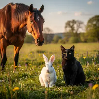 A big brown horse, a small white rabbit, and a medium-sized 