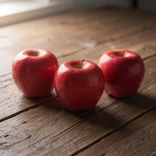 Exactly 3 red apples arranged on a wooden table
