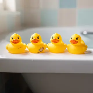 Exactly 5 yellow rubber ducks sitting in a row on a bathroom
