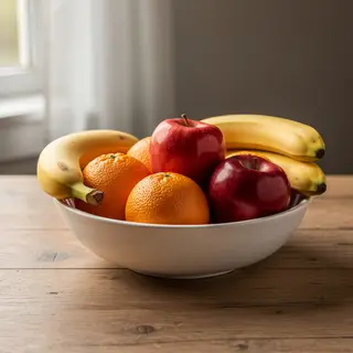 A fruit bowl containing exactly 3 bananas, 4 oranges, and 2 
