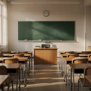 A classroom with desks and a chalkboard but no students