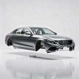 A car body with windows, doors, and headlights but no wheels