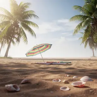 A sandy beach with palm trees, seashells, and a beach umbrel