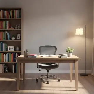 An office workspace with a desk, chair, bookshelf, and lamp 