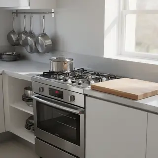 A kitchen with pots, pans, a stove, and a cutting board but 
