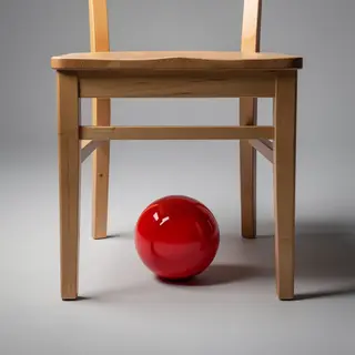 A red ball underneath a wooden chair