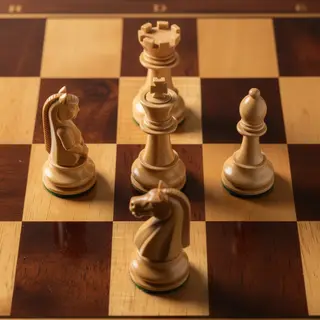Five chess pieces on a board: a king in the center, a queen 