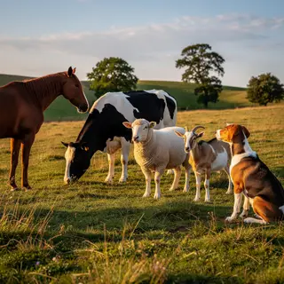 Five animals in a field: a horse on the far left, a cow to t