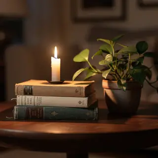 A candle on top of a stack of books, the books next to a pot