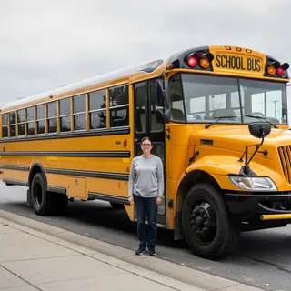 A person standing next to a yellow school bus, showing reali