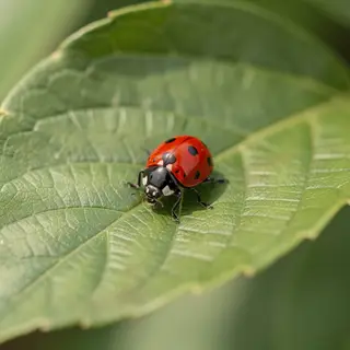 A ladybug sitting on a large green leaf, shown at realistic 