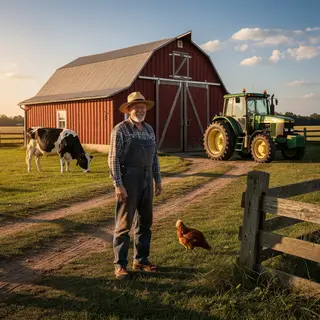 A farm scene with a barn, tractor, farmer, cow, chicken, and