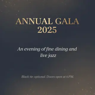 An event banner with headline 'ANNUAL GALA 2025' at the top 
