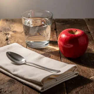A still life on a wooden table featuring a clear glass of wa