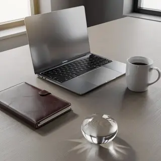 A workspace desk with a brushed aluminum laptop, a leather-b