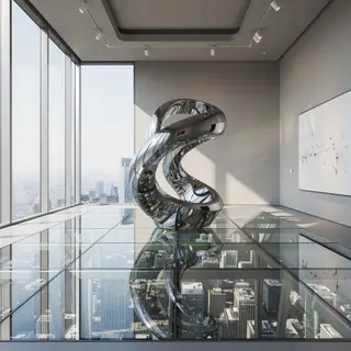 A chrome sculpture in a room with a glass floor and large wi