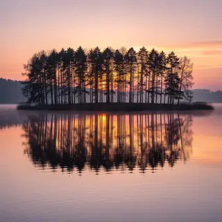 A row of trees reflected in a calm lake at sunset, with the 