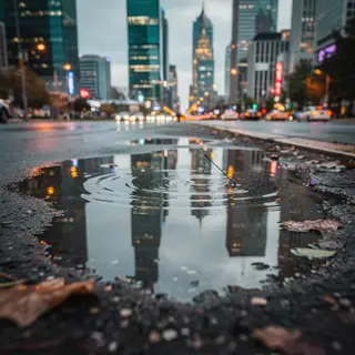 A city skyline reflected in a rain puddle on a street, with 