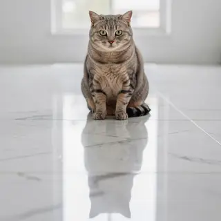 A cat sitting on a polished marble floor with its reflection