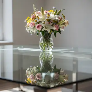 A vase of flowers on a glass table with a clear reflection v