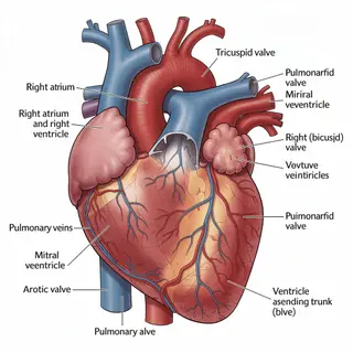 An anatomical illustration of the human heart showing four c