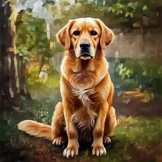 A golden retriever sitting in a garden, painted in the style