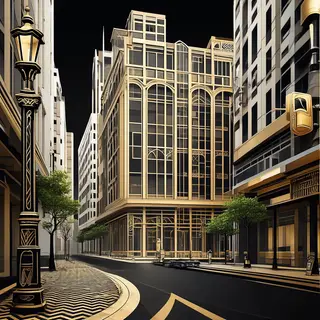 A city street scene in the style of Art Deco — geometric sha