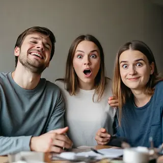 A group of three friends at a table: one laughing with head 