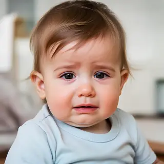 A 5-year-old child with round cheeks and large eyes, crying 