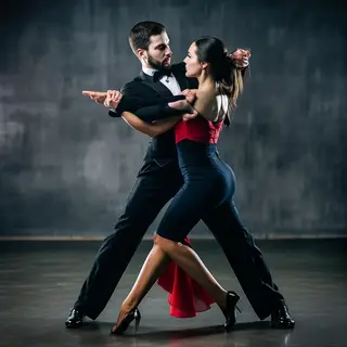 Two tango dancers in a close embrace, the man dipping the wo