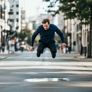 A man captured mid-jump over a puddle, body in the air with 