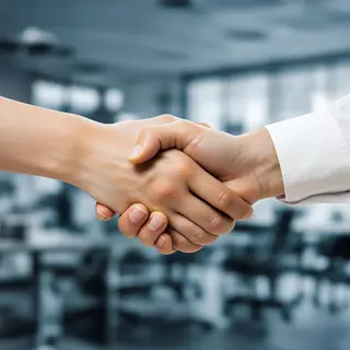 Two people shaking hands in a professional setting, all fing