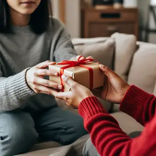 One person handing a small gift box to another person, both 