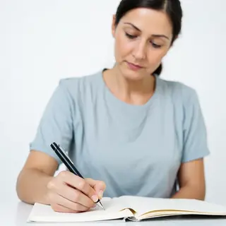A woman writing in a notebook with a pen gripped correctly i