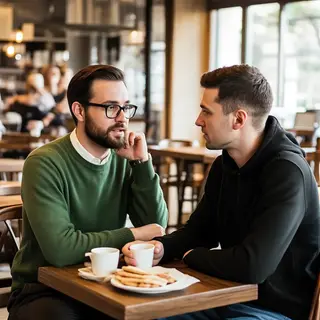 Two men at a cafe: one with a beard and glasses wearing a gr