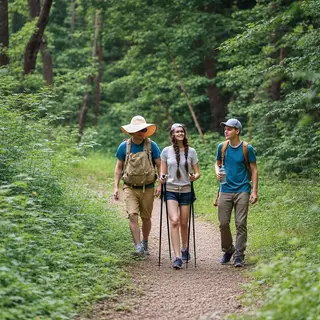 Three hikers on a trail: a man with a backpack and sunhat, a