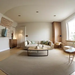 A wide-angle shot of a modern living room interior showing e