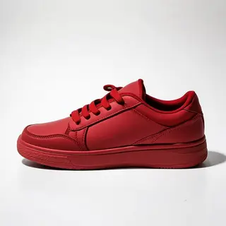 A single red sneaker on a clean white background with soft s